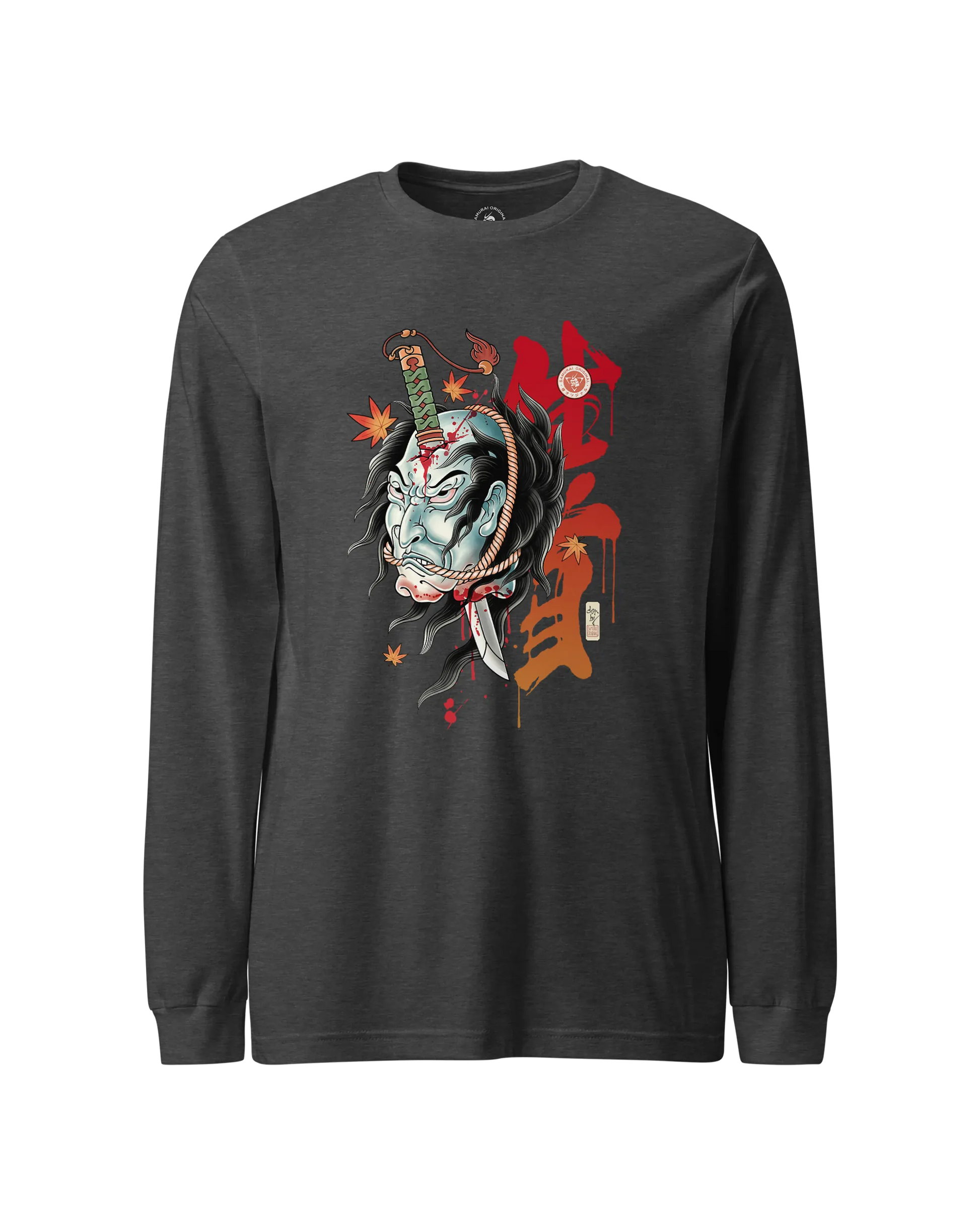 Halloween Namakubi Japanese Tattoo Unisex Long Sleeve Tee Dark Grey Heather - Samurai Original