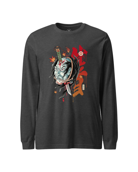 Halloween Namakubi Japanese Tattoo Unisex Long Sleeve Tee Dark Grey Heather - Samurai Original