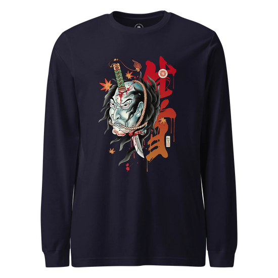 Halloween Namakubi Japanese Tattoo Unisex Long Sleeve Tee Navy - Samurai Original