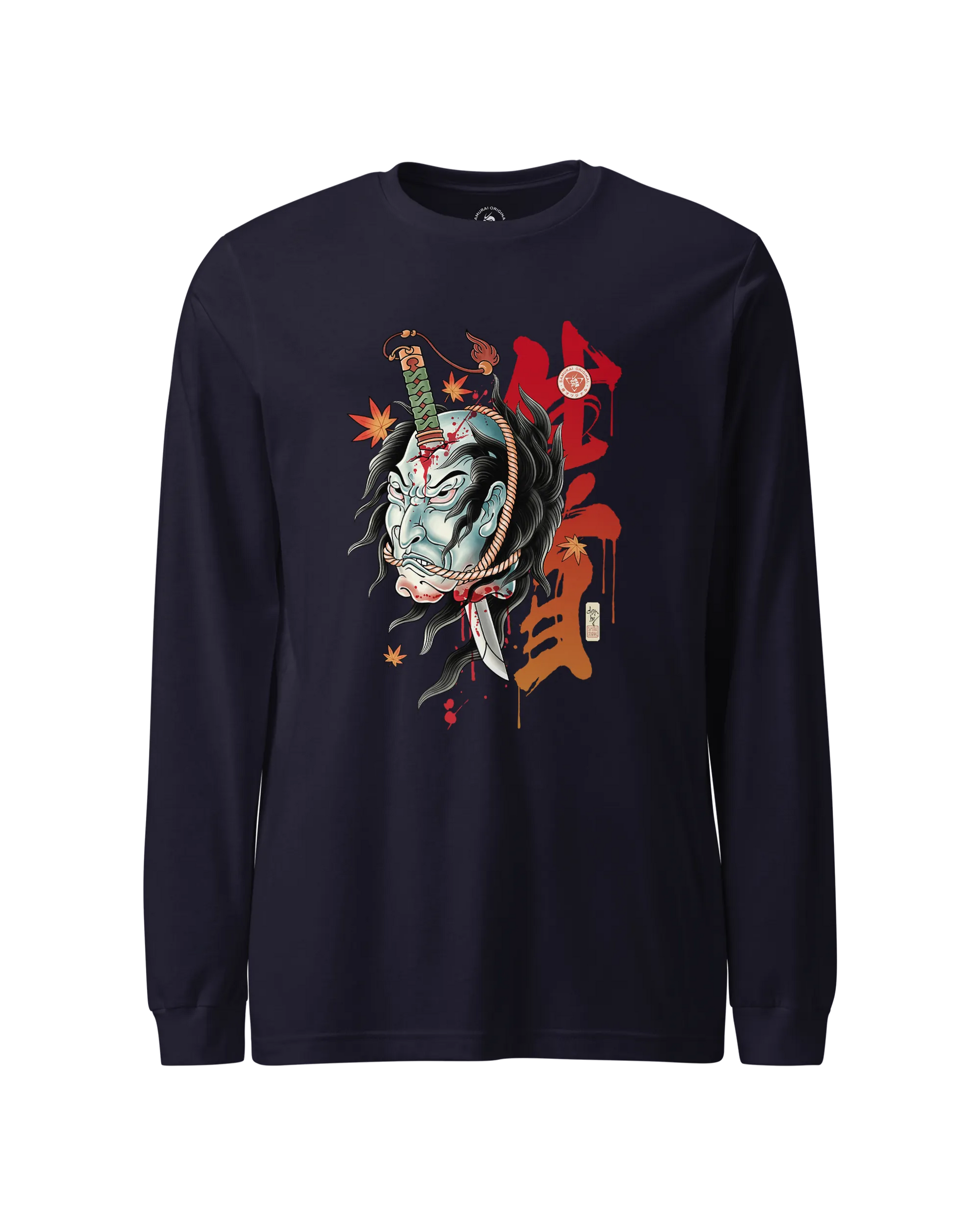 Halloween Namakubi Japanese Tattoo Unisex Long Sleeve Tee Navy - Samurai Original