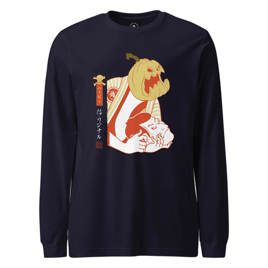 Halloween Pumpkin Japanese Ukiyo-e Unisex Long Sleeve Tee Navy - Samurai Original