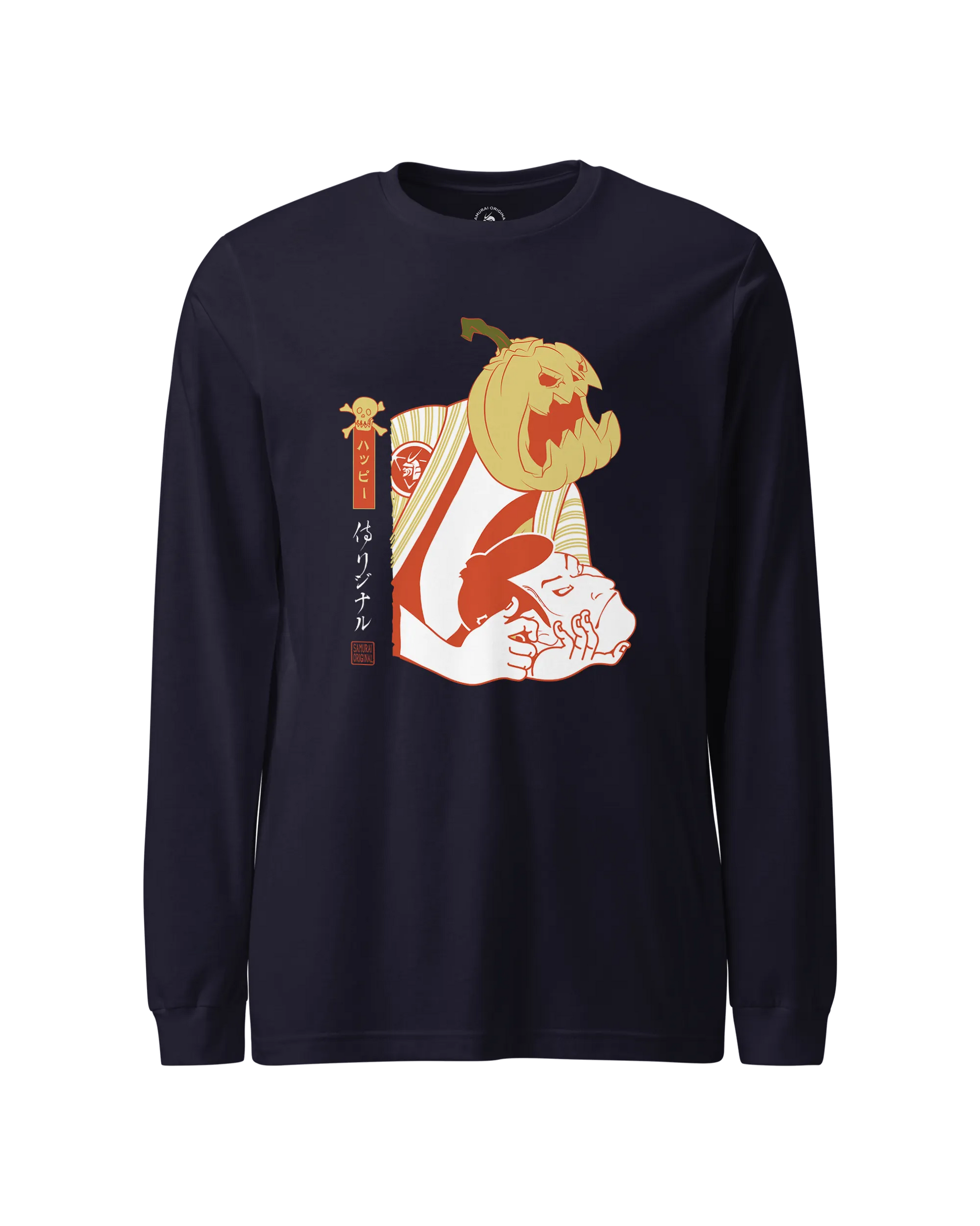 Halloween Pumpkin Japanese Ukiyo-e Unisex Long Sleeve Tee Navy - Samurai Original