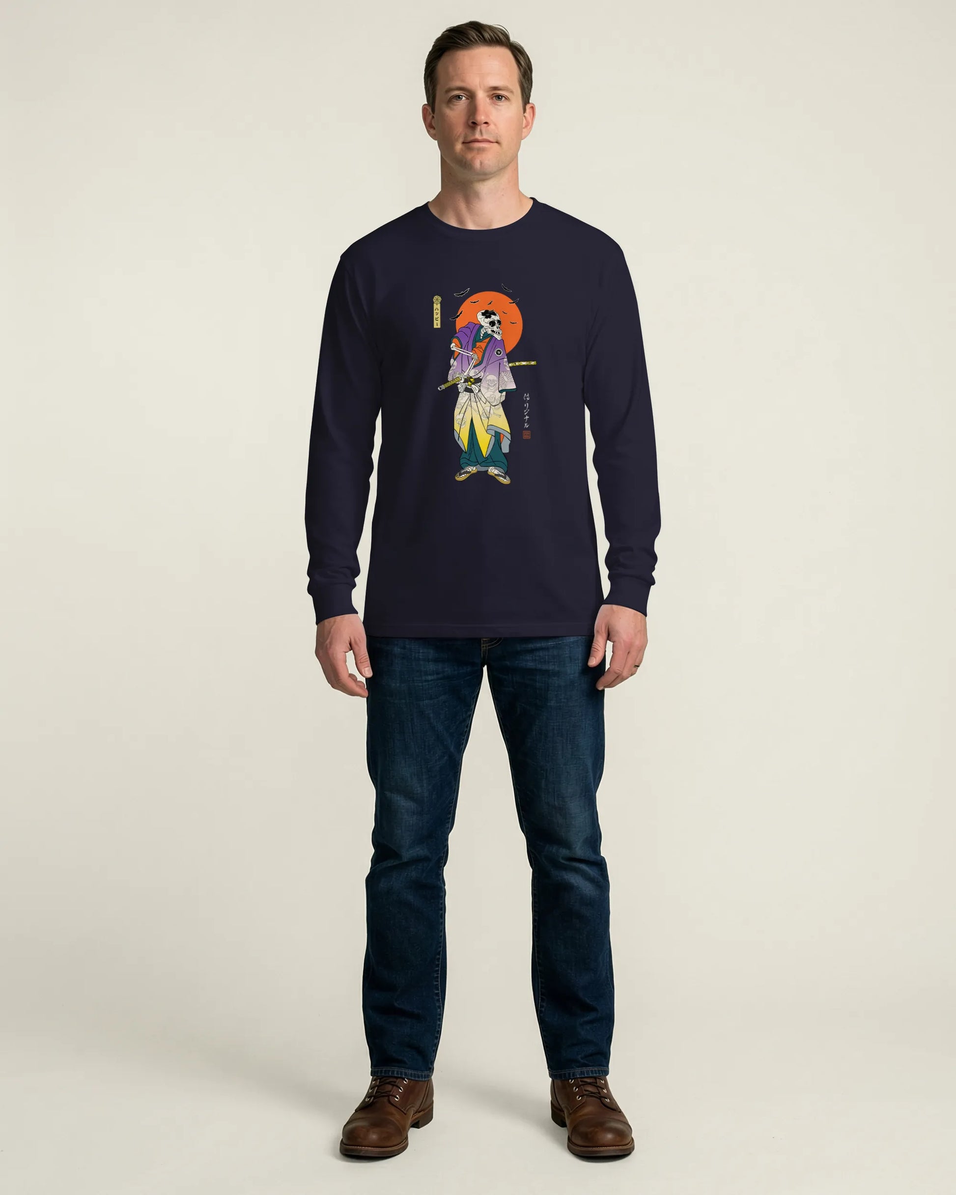 Halloween Samurai Skeleton Japanese Ukiyo-e Unisex Long Sleeve Tee - Samurai Original