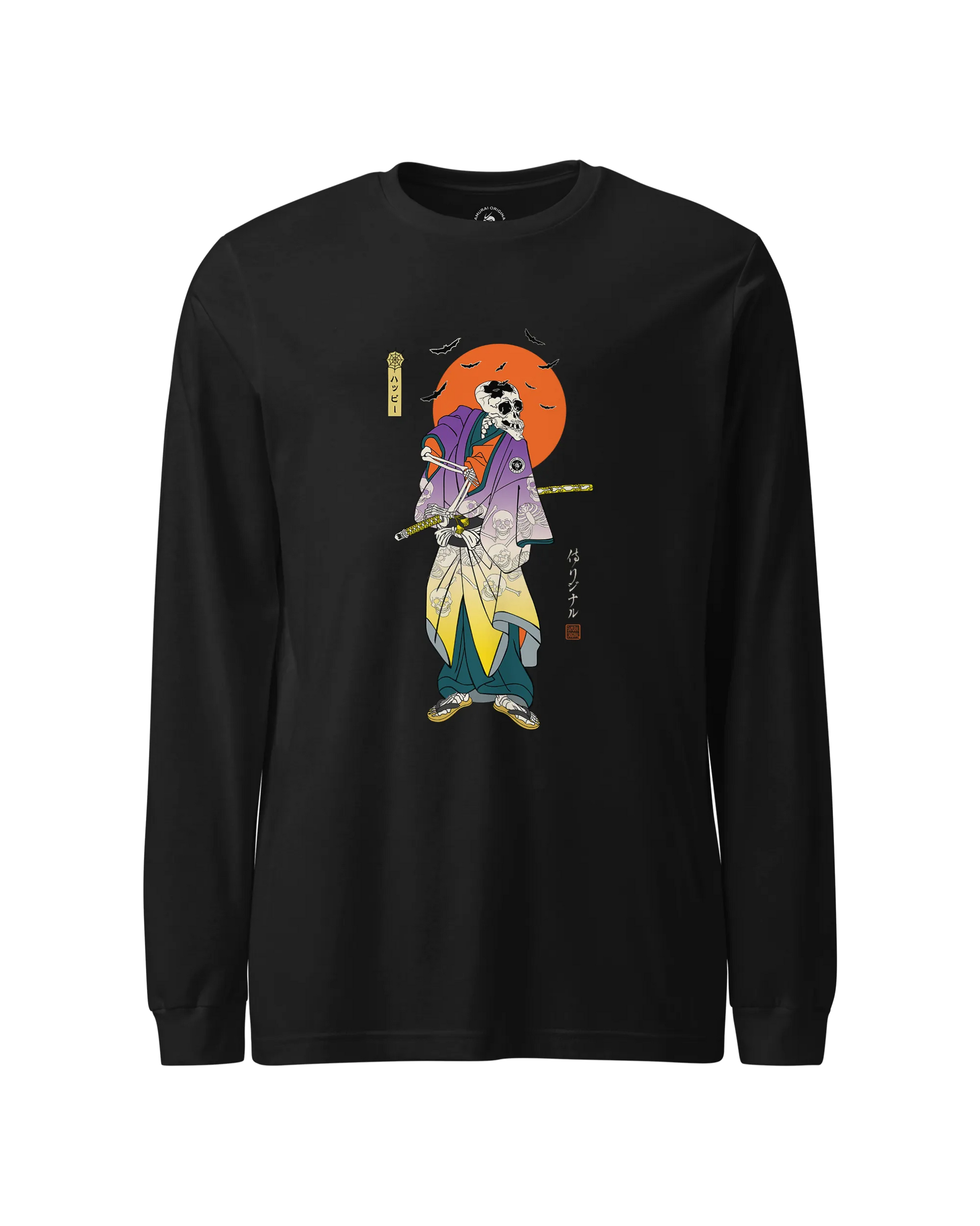 Halloween Samurai Skeleton Japanese Ukiyo-e Unisex Long Sleeve Tee Black - Samurai Original