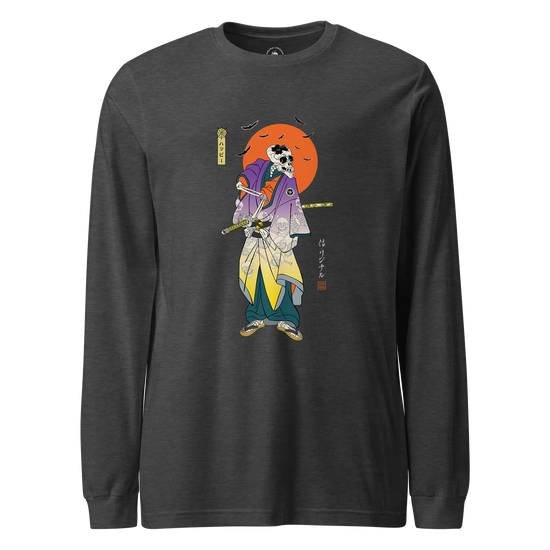 Halloween Samurai Skeleton Japanese Ukiyo-e Unisex Long Sleeve Tee Dark Grey Heather - Samurai Original