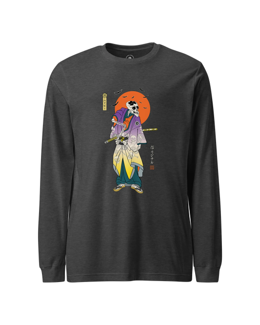 Halloween Samurai Skeleton Japanese Ukiyo-e Unisex Long Sleeve Tee Dark Grey Heather - Samurai Original