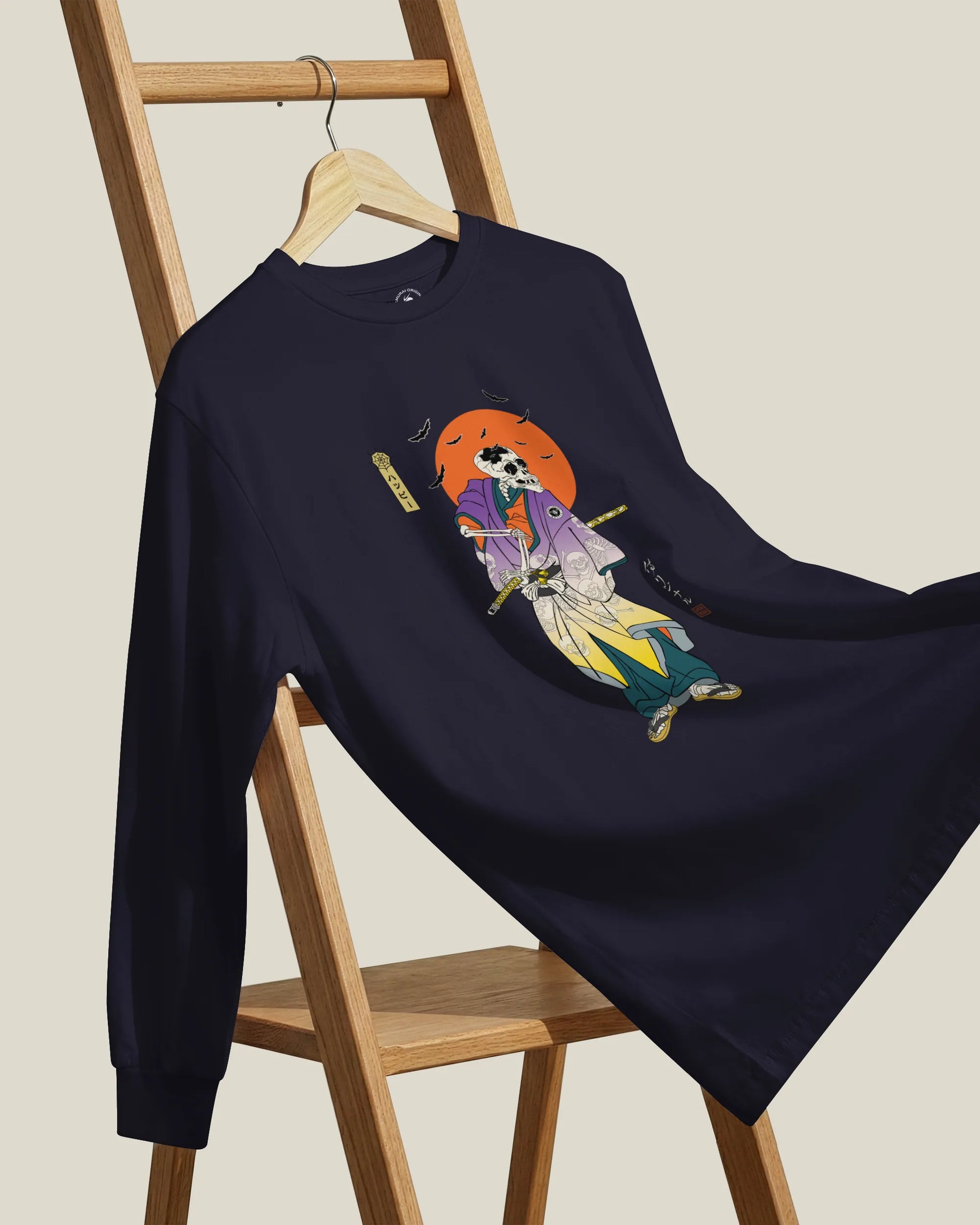 Halloween Samurai Skeleton Japanese Ukiyo-e Unisex Long Sleeve Tee - Samurai Original
