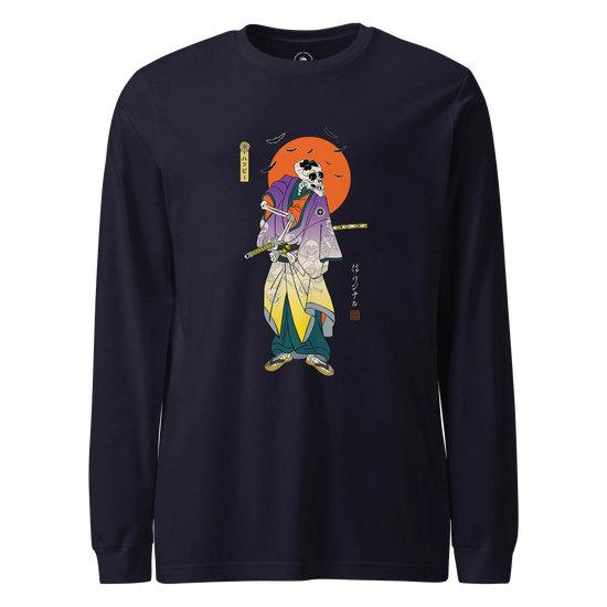 Halloween Samurai Skeleton Japanese Ukiyo-e Unisex Long Sleeve Tee Navy - Samurai Original