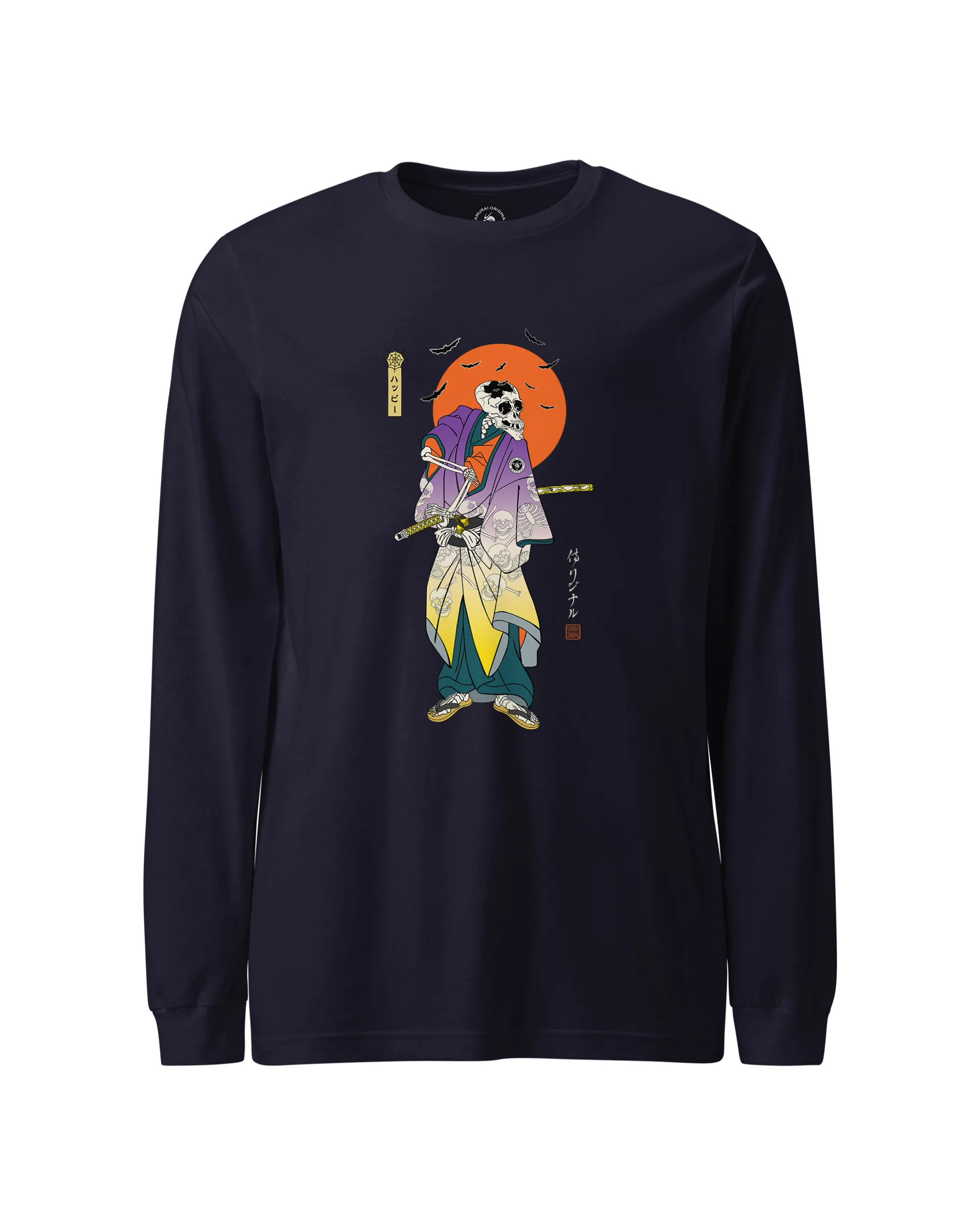 Halloween Samurai Skeleton Japanese Ukiyo-e Unisex Long Sleeve Tee Navy - Samurai Original