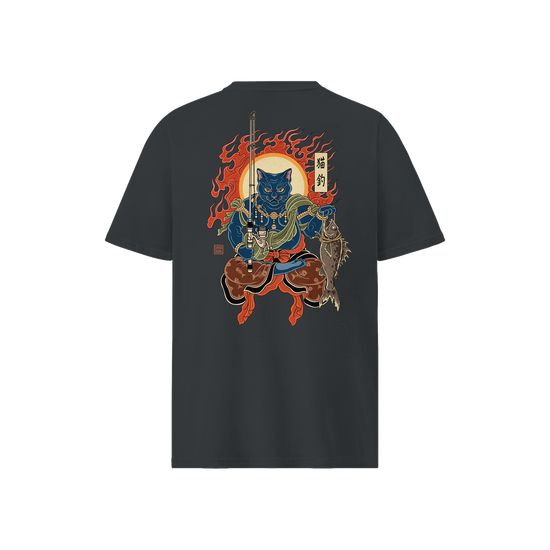 The Great Neko Fishing Organic T-shirt India Ink Grey - Samurai Original