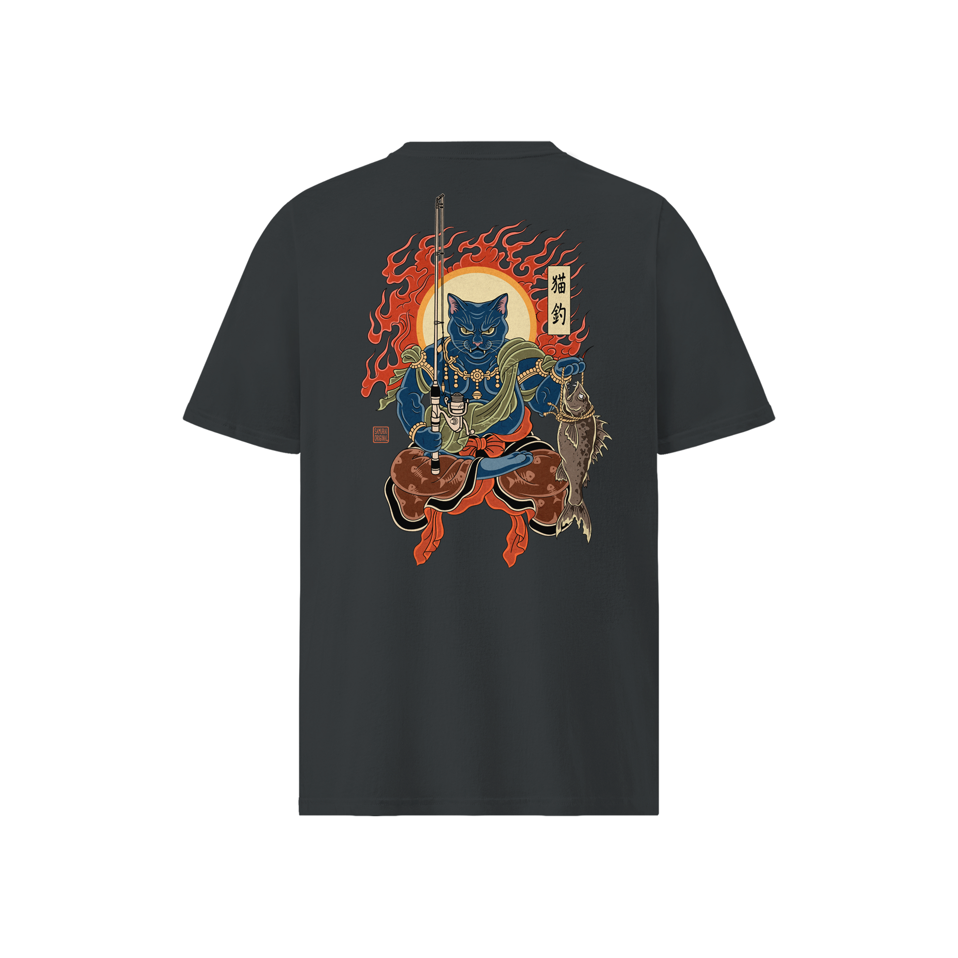 The Great Neko Fishing Organic T-shirt India Ink Grey - Samurai Original