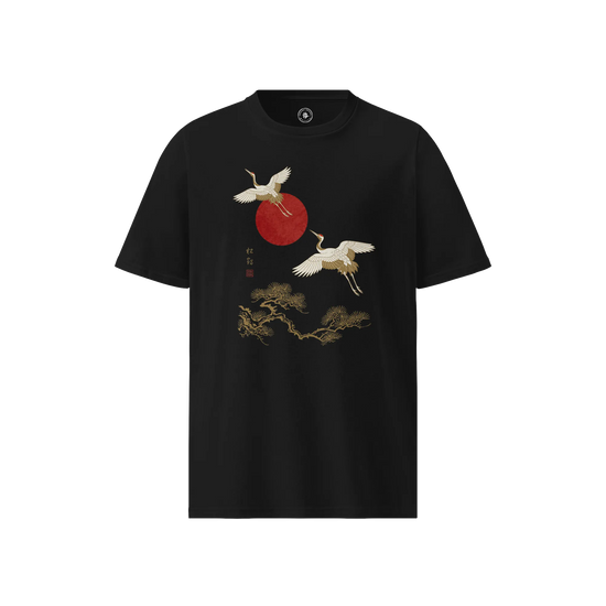 Japanese Crane & Pine Tree Organic Cotton T-Shirt - EU Edition Black - Samurai Original