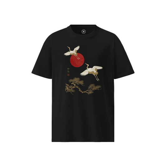 Japanese Crane & Pine Tree Organic Cotton T-Shirt - EU Edition Black - Samurai Original