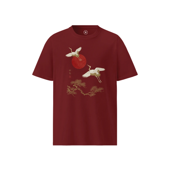Japanese Crane & Pine Tree Organic Cotton T-Shirt - EU Edition Burgundy - Samurai Original