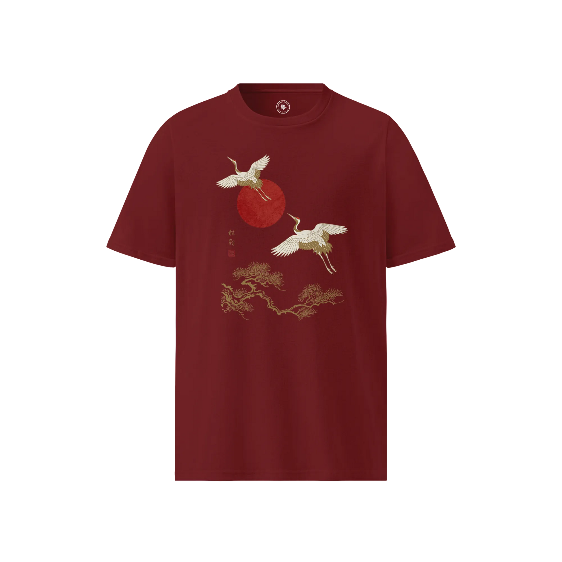 Japanese Crane & Pine Tree Organic Cotton T-Shirt - EU Edition Burgundy - Samurai Original