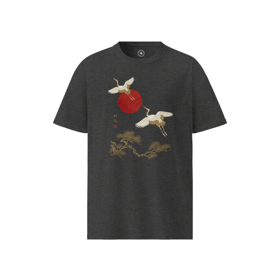 Japanese Crane & Pine Tree Organic Cotton T-Shirt - EU Edition Dark Heather Grey - Samurai Original