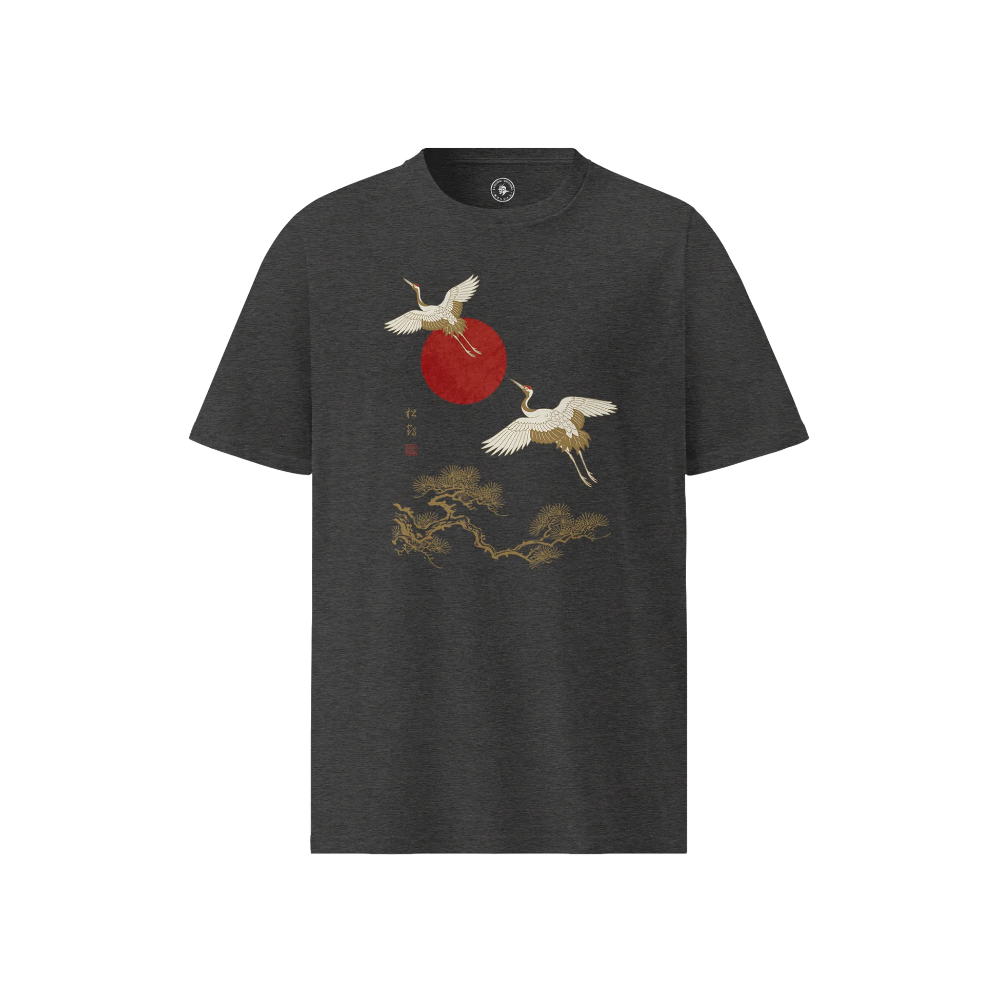 Japanese Crane & Pine Tree Organic Cotton T-Shirt - EU Edition Dark Heather Grey - Samurai Original