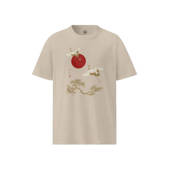 Japanese Crane & Pine Tree Organic Cotton T-Shirt - EU Edition Desert Dust - Samurai Original