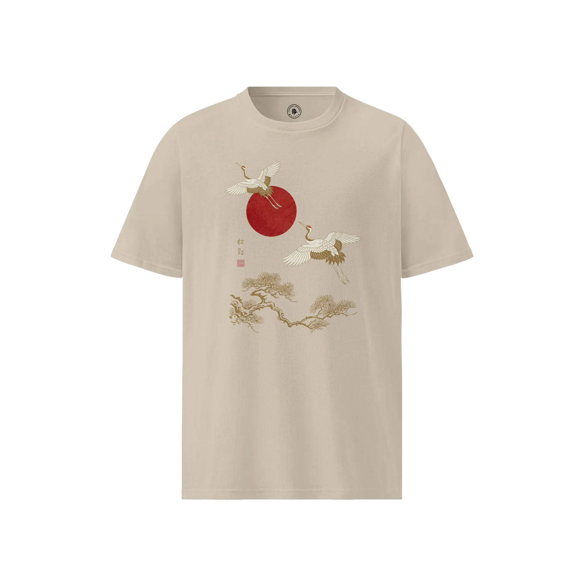 Japanese Crane & Pine Tree Organic Cotton T-Shirt - EU Edition Desert Dust - Samurai Original