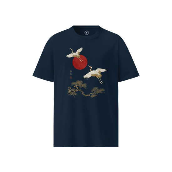 Japanese Crane & Pine Tree Organic Cotton T-Shirt - EU Edition French Navy - Samurai Original