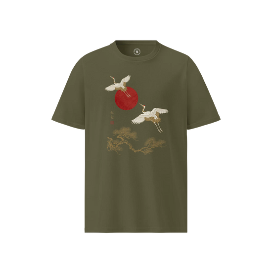 Japanese Crane & Pine Tree Organic Cotton T-Shirt - EU Edition Khaki - Samurai Original
