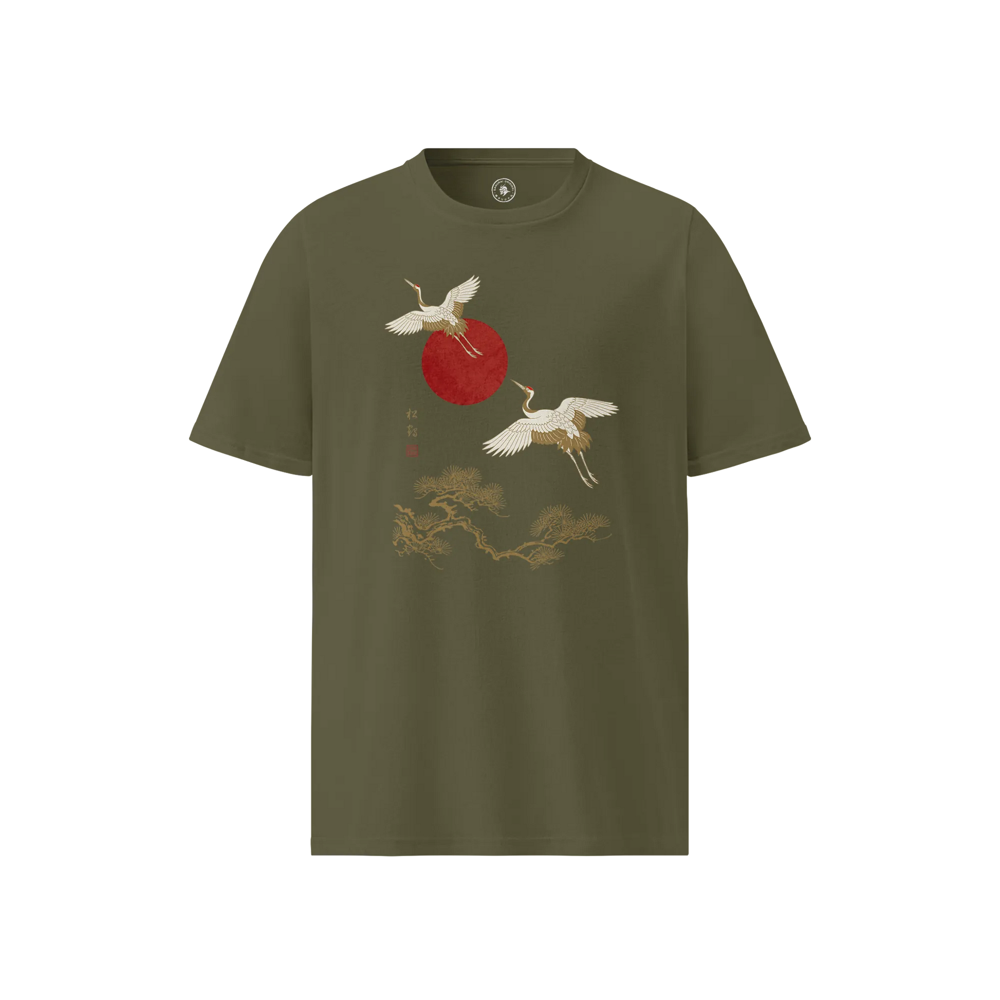 Japanese Crane & Pine Tree Organic Cotton T-Shirt - EU Edition Khaki - Samurai Original