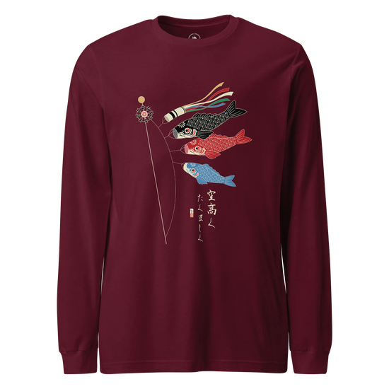 Koinobori Carp Flag Japanese Ukiyo-e Unisex Long Sleeve Tee Maroon - Samurai Original