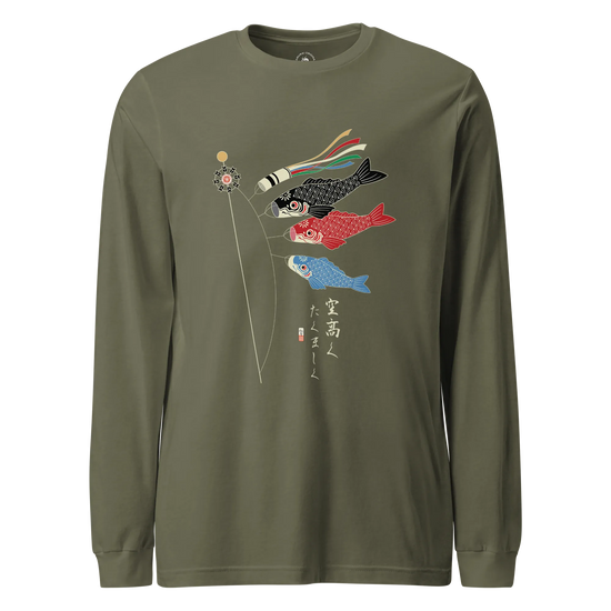 Koinobori Carp Flag Japanese Ukiyo-e Unisex Long Sleeve Tee Military Green - Samurai Original
