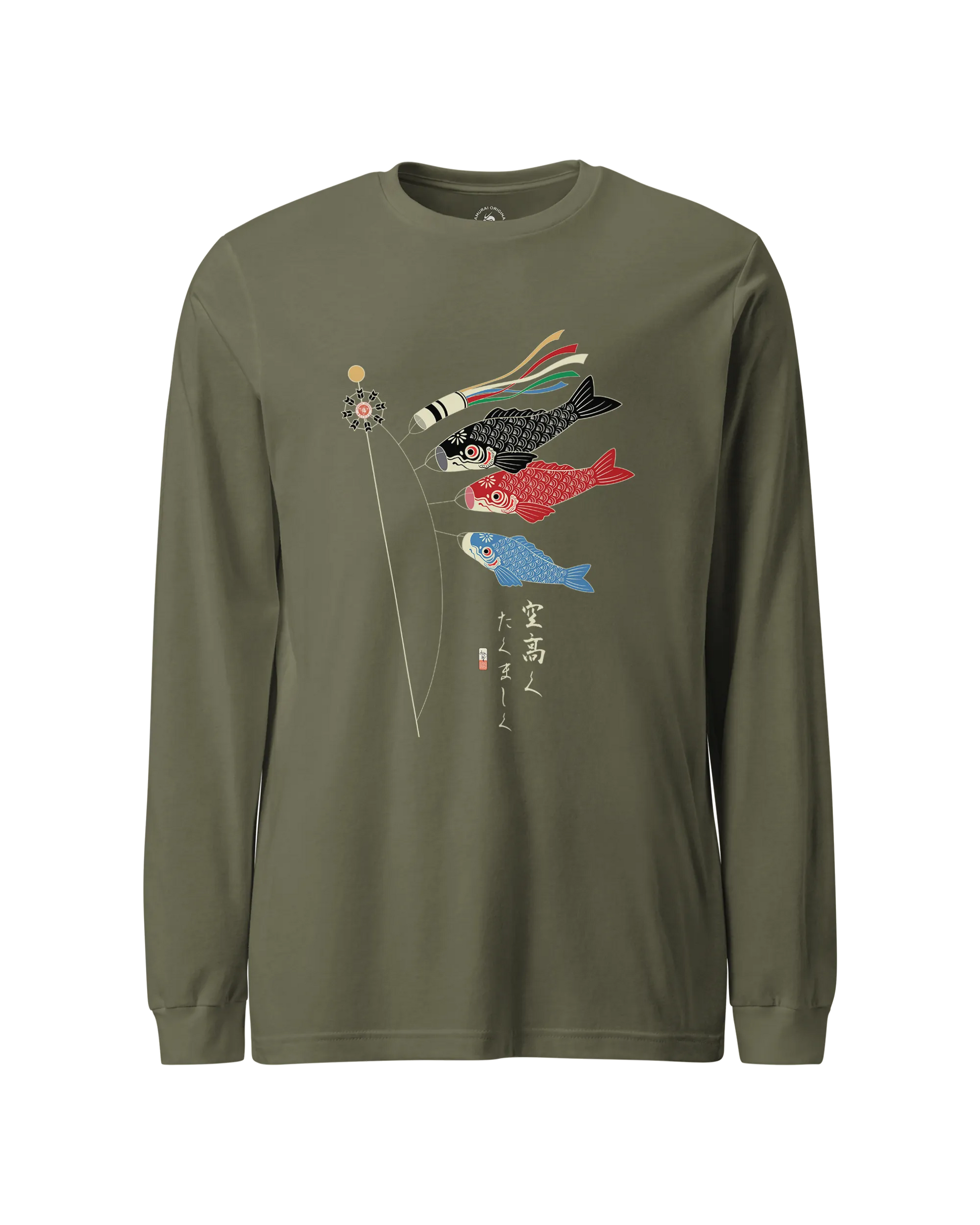 Koinobori Carp Flag Japanese Ukiyo-e Unisex Long Sleeve Tee Military Green - Samurai Original
