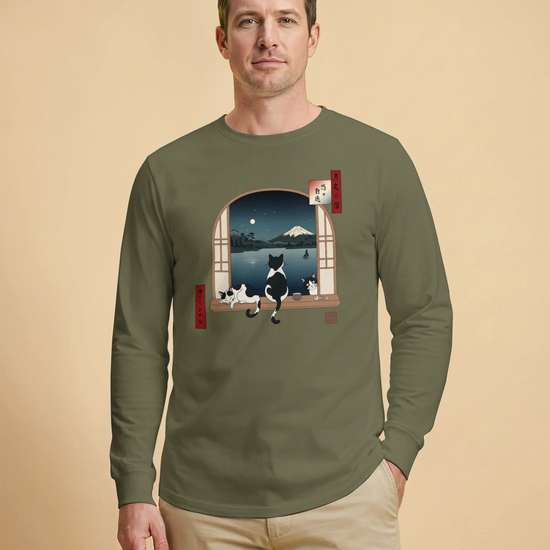Moonlit Cats Ukiyo-e Unisex Long Sleeve Tee - Samurai Original