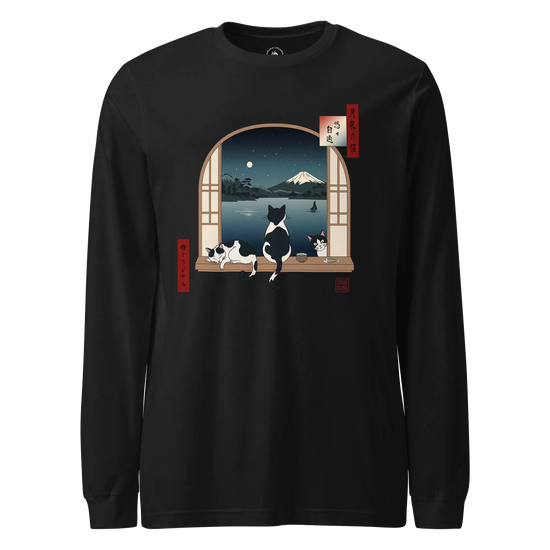 Moonlit Cats Ukiyo-e Unisex Long Sleeve Tee Black - Samurai Original