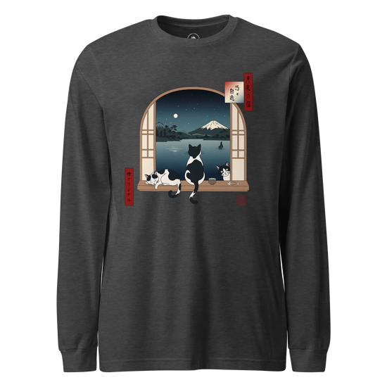 Moonlit Cats Ukiyo-e Unisex Long Sleeve Tee Dark Grey Heather - Samurai Original