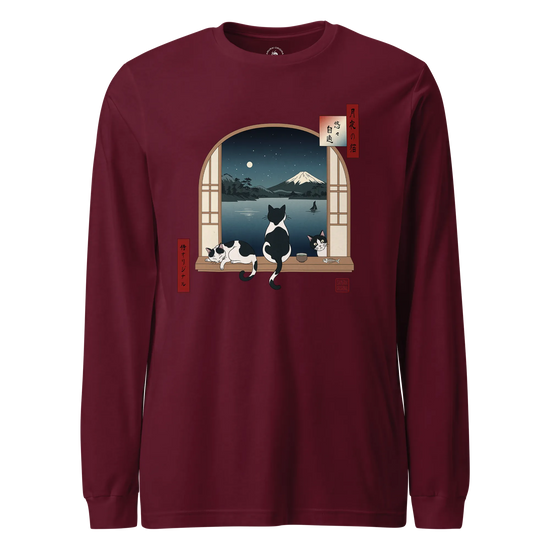 Moonlit Cats Ukiyo-e Unisex Long Sleeve Tee Maroon - Samurai Original