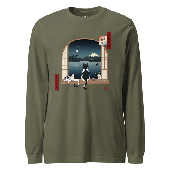 Moonlit Cats Ukiyo-e Unisex Long Sleeve Tee Military Green - Samurai Original