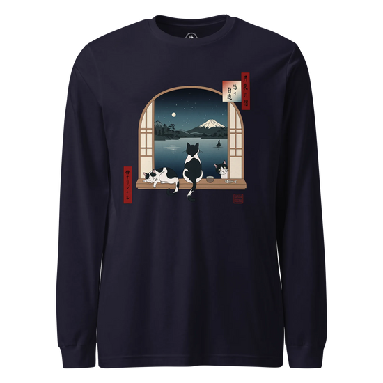Moonlit Cats Ukiyo-e Unisex Long Sleeve Tee Navy - Samurai Original