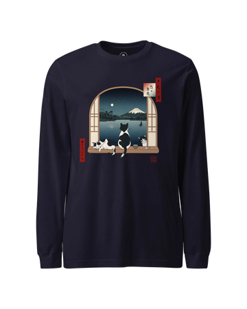 Moonlit Cats Ukiyo-e Unisex Long Sleeve Tee Navy - Samurai Original