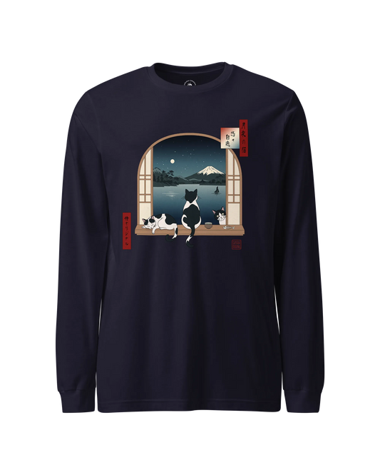 Moonlit Cats Ukiyo-e Unisex Long Sleeve Tee Navy - Samurai Original
