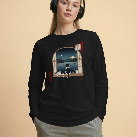 Moonlit Cats Ukiyo-e Unisex Long Sleeve Tee - Samurai Original
