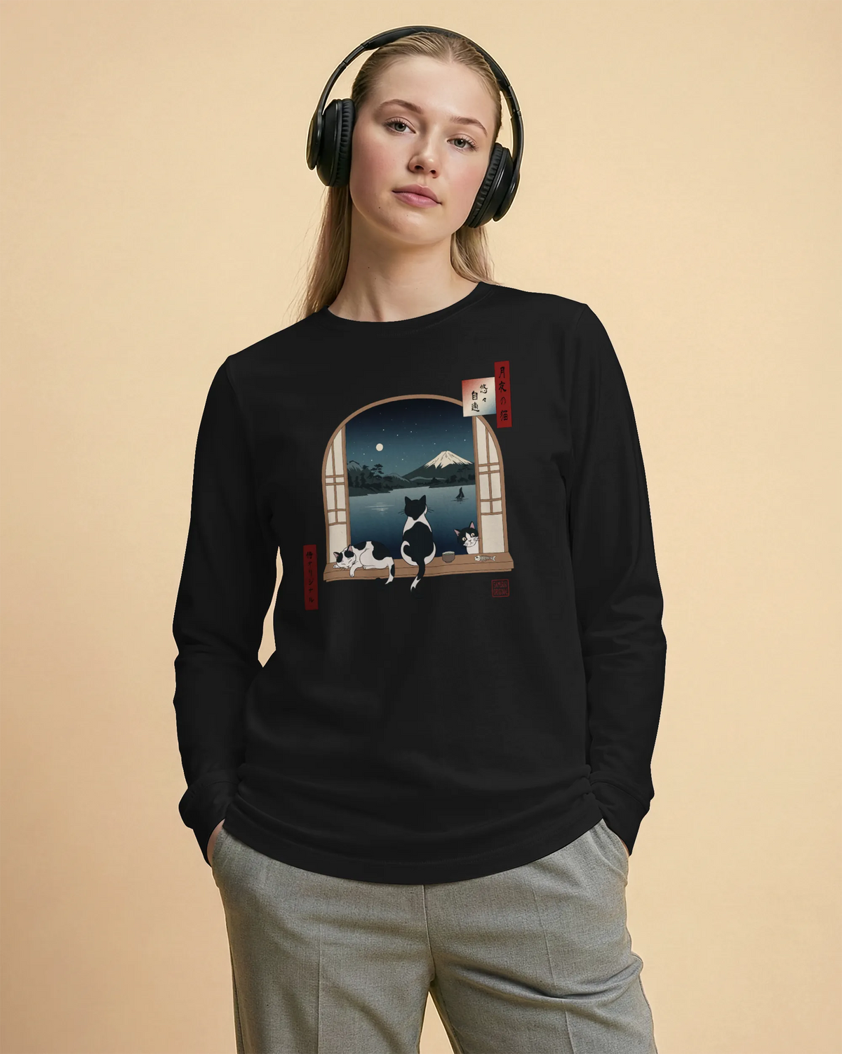 Moonlit Cats Ukiyo-e Unisex Long Sleeve Tee - Samurai Original