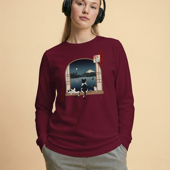 Moonlit Cats Ukiyo-e Unisex Long Sleeve Tee - Samurai Original
