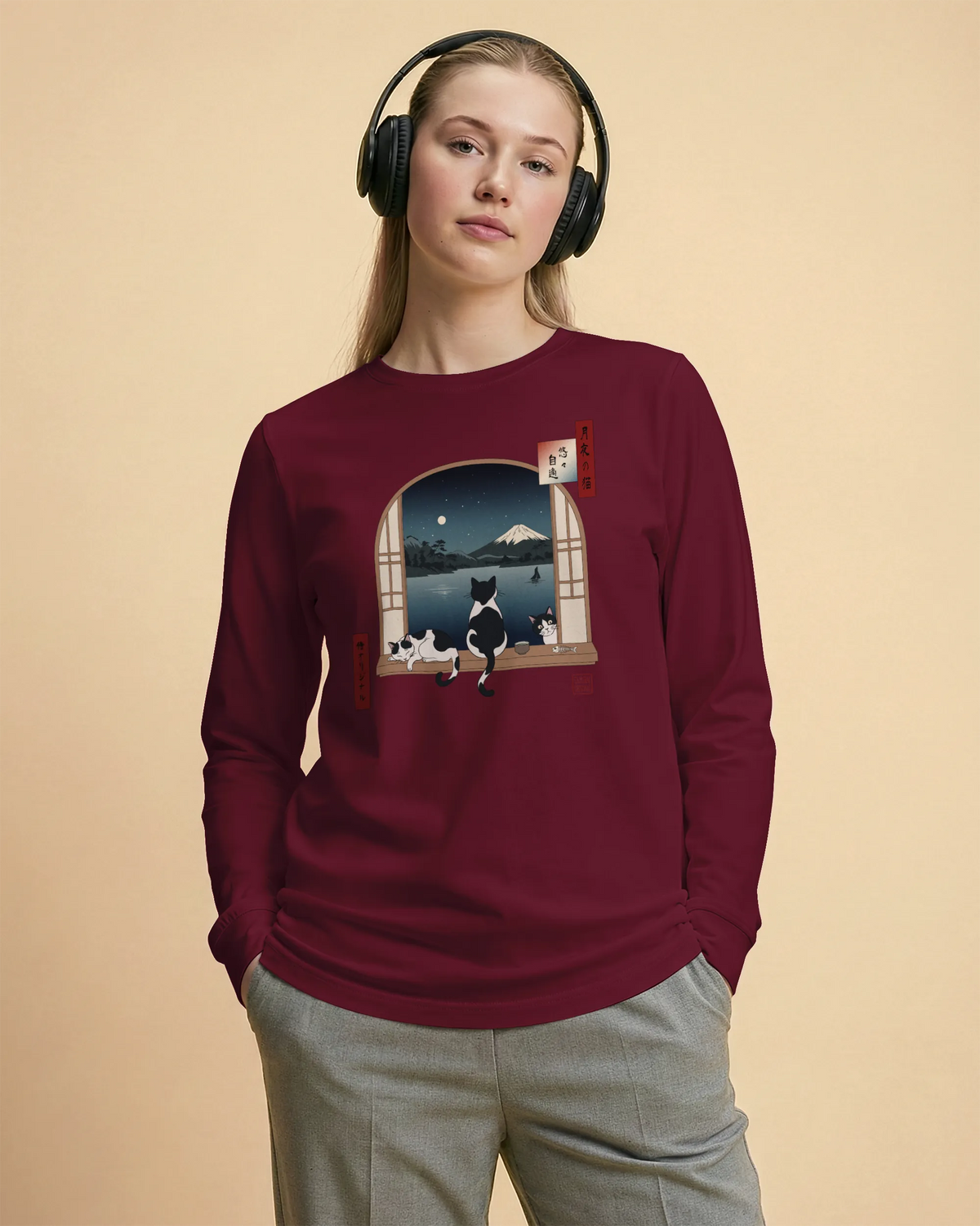 Moonlit Cats Ukiyo-e Unisex Long Sleeve Tee - Samurai Original