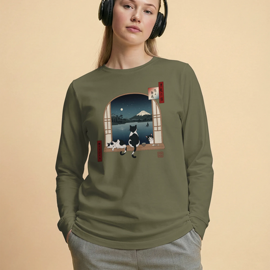 Moonlit Cats Ukiyo-e Unisex Long Sleeve Tee - Samurai Original