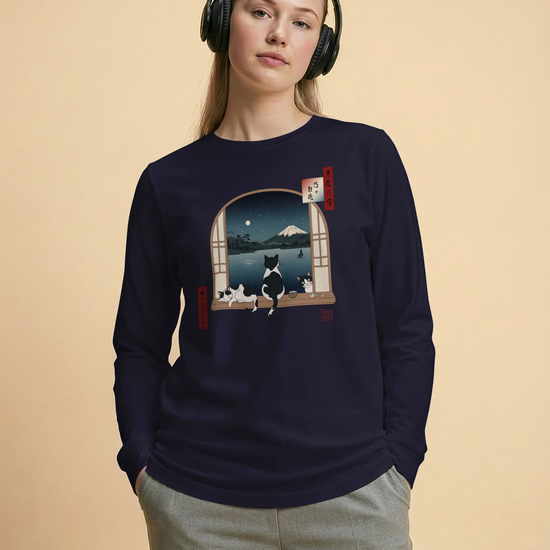 Moonlit Cats Ukiyo-e Unisex Long Sleeve Tee - Samurai Original