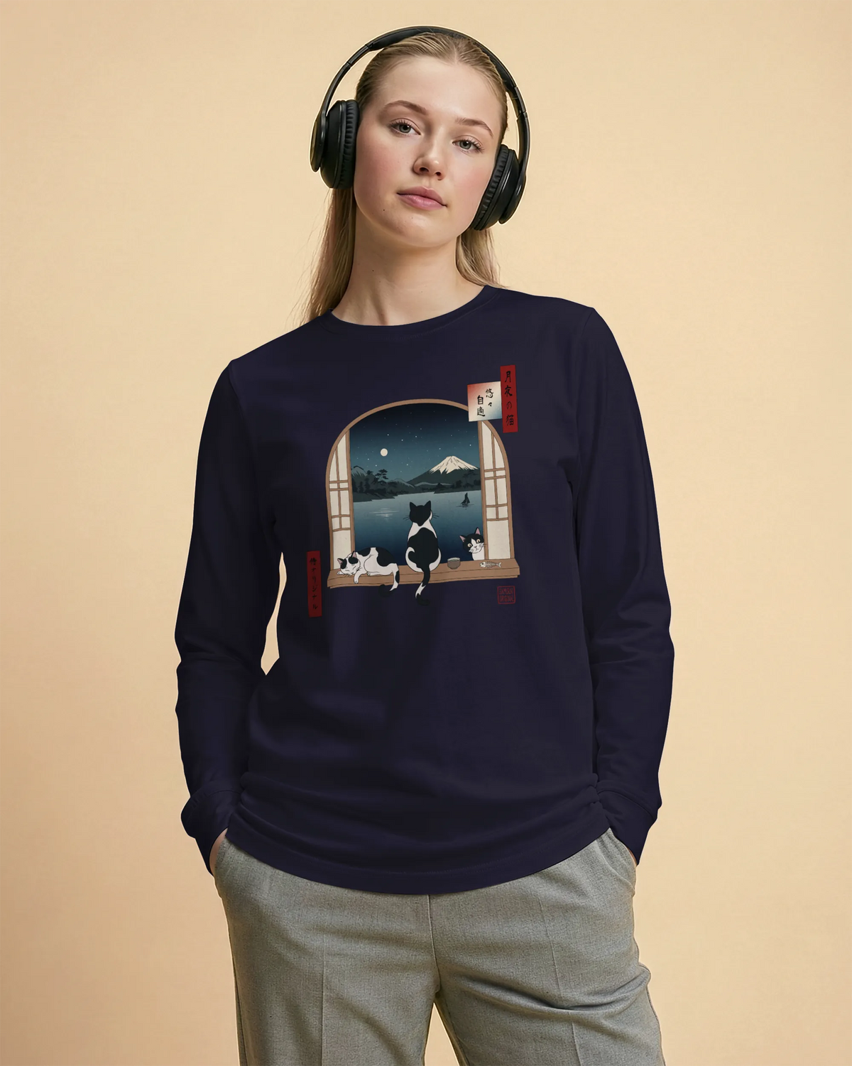 Moonlit Cats Ukiyo-e Unisex Long Sleeve Tee - Samurai Original