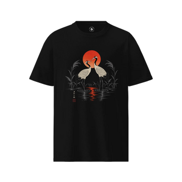 Moonlit Cranes Ukiyo-e Organic T-Shirt Black - Samurai Original