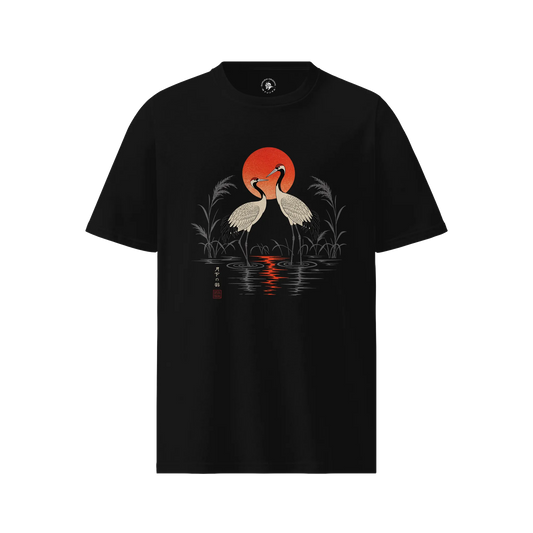 Moonlit Cranes Ukiyo-e Organic T-Shirt Black - Samurai Original