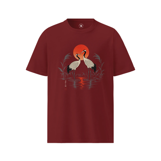 Moonlit Cranes Ukiyo-e Organic T-Shirt Burgundy - Samurai Original