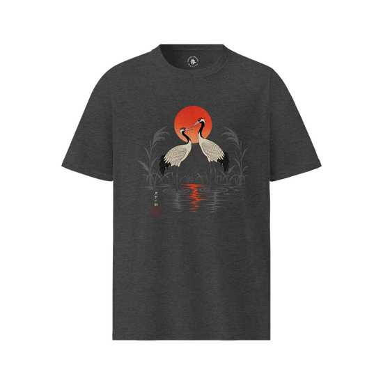 Moonlit Cranes Ukiyo-e Organic T-Shirt Dark Heather Grey - Samurai Original
