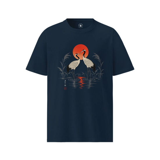 Moonlit Cranes Ukiyo-e Organic T-Shirt French Navy - Samurai Original