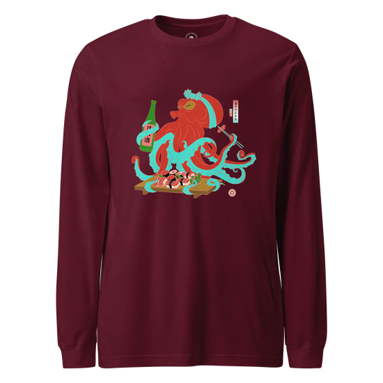 Octopus Sushi Japanese Ukiyo-e Unisex Long Sleeve Tee Maroon - Samurai Original